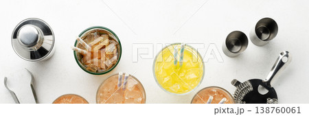 Mixology banner with colorful cocktails ice Mixology banner with colorful cocktails ice 138760061