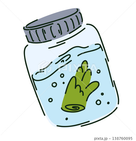 Glass jar with a lid containing a clear liquid and a plant shoot inside, plant research, garden laboratory 138760095