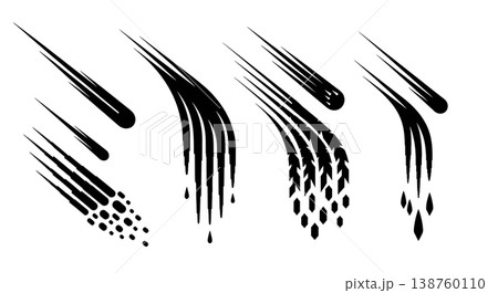 Black Solid Meteor Shower Streak Silhouettes Set of Six on White Background Black Solid Meteor Shower Streak Silhouettes Set of Six on White Background 138760110