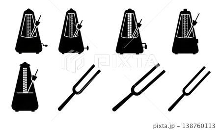 Black Solid Metronome Silhouettes Set of Six on White Background Black Solid Metronome Silhouettes Set of Six on White Background 138760113