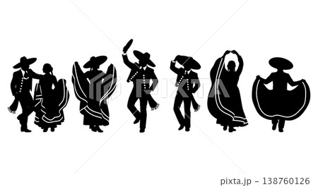 Black Solid Mexican Hat Dance Silhouettes Set of Six on White Background Black Solid Mexican Hat Dance Silhouettes Set of Six on White Background 138760126
