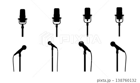 Black Solid Microphone Silhouettes Set of Six on White Background 138760132