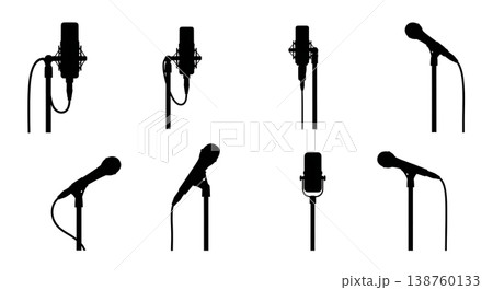Black Solid Microphone Silhouettes Set of Six on White Background Black Solid Microphone Silhouettes Set of Six on White Background 138760133
