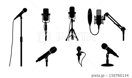 Black Solid Microphone Silhouettes Set of Six on White Background Black Solid Microphone Silhouettes Set of Six on White Background 138760134
