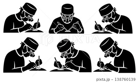 Black Solid Micro Surgeon Silhouettes Set of Six on White Background 138760139