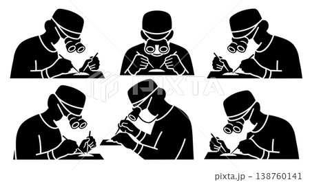 Black Solid Micro Surgeon Silhouettes Set of Six on White Background Black Solid Micro Surgeon Silhouettes Set of Six on White Background 138760141
