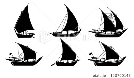 Black Solid Traditional Middle Eastern Dhows and Feluccas Silhouettes Set of Six on White Background Black Solid Traditional Middle Eastern Dhows and Feluccas Silhouettes Set of Six on White Background 138760148