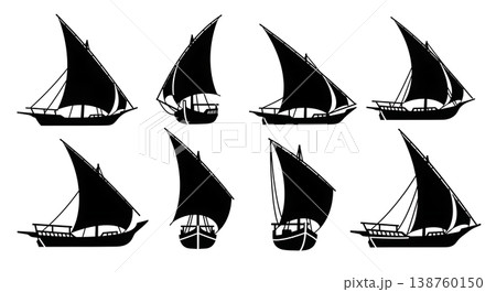 Black Solid Traditional Middle Eastern Dhows and Feluccas Silhouettes Set of Six on White Background Black Solid Traditional Middle Eastern Dhows and Feluccas Silhouettes Set of Six on White Background 138760150