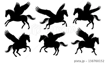 Black Solid Midnight Glide Pegasus Silhouettes Set of Six on White Background 138760152