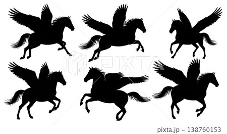 Black Solid Midnight Glide Pegasus Silhouettes Set of Six on White Background 138760153