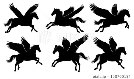 Black Solid Midnight Glide Pegasus Silhouettes Set of Six on White Background 138760154