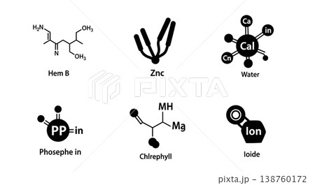 Black Solid Mineral Nutrient Molecular Silhouettes Set of Six on White Background Black Solid Mineral Nutrient Molecular Silhouettes Set of Six on White Background 138760172