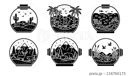 Set of Six Black Solid Miniature Ecosystem and Terrarium Silhouettes Set of Six Black Solid Miniature Ecosystem and Terrarium Silhouettes 138760175