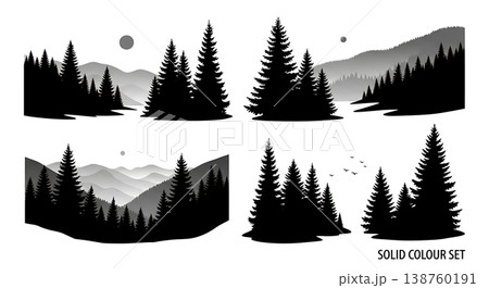 Black Solid Misty Pine Tree Silhouettes Set of Six Black Solid Misty Pine Tree Silhouettes Set of Six 138760191