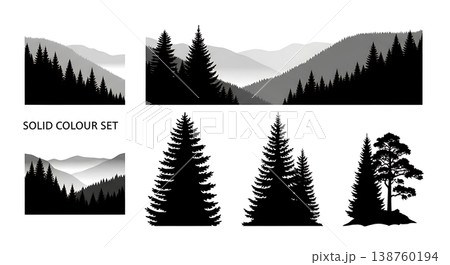 Black Solid Misty Pine Tree Silhouettes Set of Six Black Solid Misty Pine Tree Silhouettes Set of Six 138760194