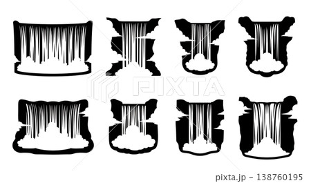 Black Solid Misty Waterfall Silhouettes Set of Six on White Background Black Solid Misty Waterfall Silhouettes Set of Six on White Background 138760195