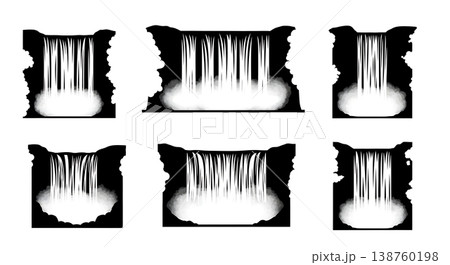 Black Solid Misty Waterfall Silhouettes Set of Six on White Background Black Solid Misty Waterfall Silhouettes Set of Six on White Background 138760198