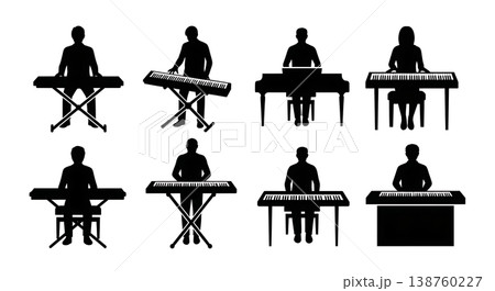 Black Solid Standing Keyboardist Silhouettes Set of Six on White Background Black Solid Standing Keyboardist Silhouettes Set of Six on White Background 138760227