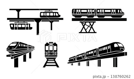 Black Solid Public Monorails and Elevated Trains Silhouettes Set of Six on White Background Black Solid Public Monorails and Elevated Trains Silhouettes Set of Six on White Background 138760262