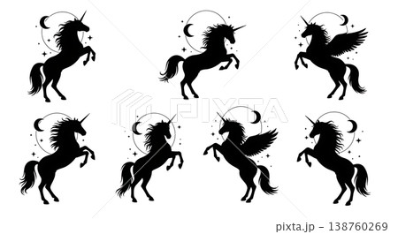 Black Solid Moonlight Rearing Unicorn Silhouettes Set of Six on White Background 138760269