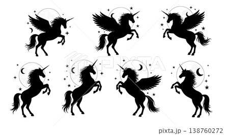 Black Solid Moonlight Rearing Unicorn Silhouettes Set of Six on White Background 138760272