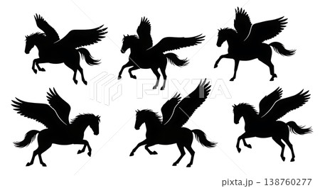 Black Solid Morning Landing Pegasus Silhouettes Set of Six on White Background Black Solid Morning Landing Pegasus Silhouettes Set of Six on White Background 138760277