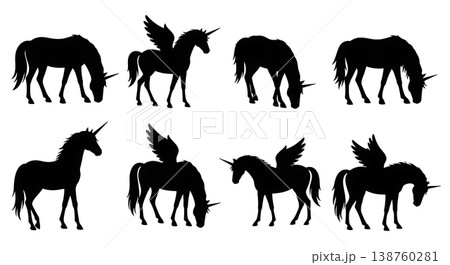 Black Solid Morning Mist Unicorn Silhouettes Set of Six on White Background Black Solid Morning Mist Unicorn Silhouettes Set of Six on White Background 138760281