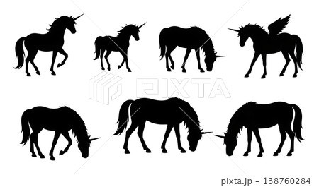 Black Solid Morning Mist Unicorn Silhouettes Set of Six on White Background 138760284