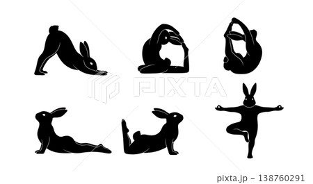 Black Solid Morning Yoga Bunny Set of Six on White Background 138760291