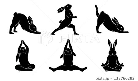 Black Solid Morning Yoga Bunny Set of Six on White Background Black Solid Morning Yoga Bunny Set of Six on White Background 138760292