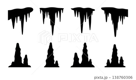 Black Solid Mountain Cave Formation Silhouettes Set of Six on White Background Black Solid Mountain Cave Formation Silhouettes Set of Six on White Background 138760306