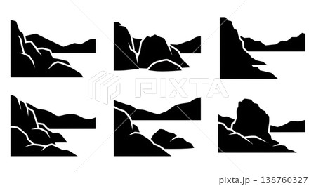 Black Solid Mountain Lake Shoreline Silhouettes Set of Six on White Background 138760327