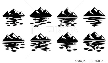 Black Solid Mountain Pond Lily Pad Silhouettes Set of Six on White Background 138760340