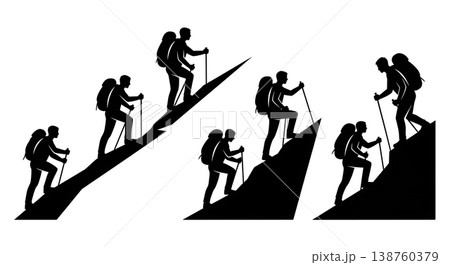 Black Solid Trekking Silhouettes Set of Six on White Background Black Solid Trekking Silhouettes Set of Six on White Background 138760379