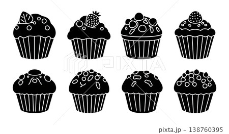 Black Solid Muffins Silhouettes Set of Six on White Background 138760395