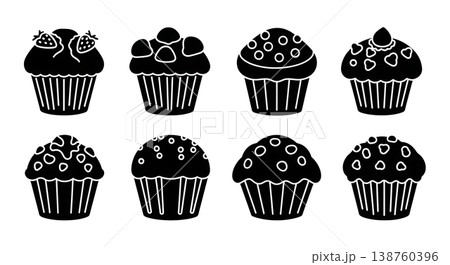 Black Solid Muffins Silhouettes Set of Six on White Background Black Solid Muffins Silhouettes Set of Six on White Background 138760396