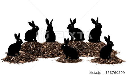 Black Solid Mulch Resting Bunny Silhouettes Set of Six on White Background 138760399