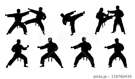 Black Solid Karate Kata Silhouettes Set of Six on White Background 138760430