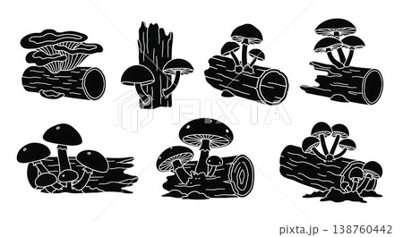 Black Solid Forest Mushrooms on a Log Silhouettes Set of Six 138760442