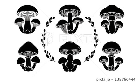 Black Solid Mycological Mushroom Wreath and Frame Silhouettes Black Solid Mycological Mushroom Wreath and Frame Silhouettes 138760444