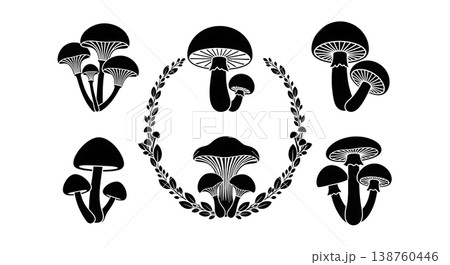 Black Solid Mycological Mushroom Wreath and Frame Silhouettes 138760446