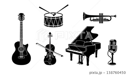 Black Solid Musical Instruments Silhouettes Set of Six on White Background Black Solid Musical Instruments Silhouettes Set of Six on White Background 138760450