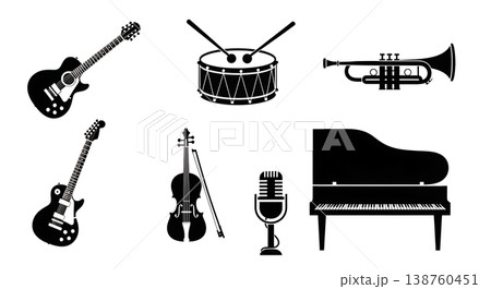 Black Solid Musical Instruments Silhouettes Set of Six on White Background 138760451