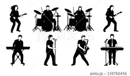 Black Solid Musical Performers Silhouettes Set of Six on White Background Black Solid Musical Performers Silhouettes Set of Six on White Background 138760456