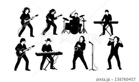 Black Solid Musical Performers Silhouettes Set of Six on White Background Black Solid Musical Performers Silhouettes Set of Six on White Background 138760457