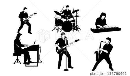 Black Solid Music Performance Silhouettes Set of Six on White Background 138760461