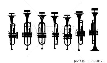 Black Solid Muted Trumpet Silhouettes Set of Six on White Background Black Solid Muted Trumpet Silhouettes Set of Six on White Background 138760472