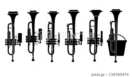 Black Solid Muted Trumpet Silhouettes Set of Six on White Background 138760474