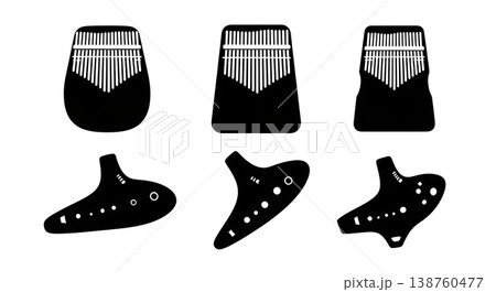 Black Solid Ocarina and Kalimba Set of Six on White Background Black Solid Ocarina and Kalimba Set of Six on White Background 138760477