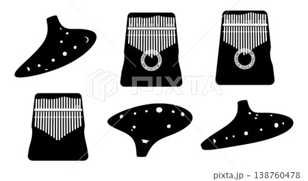Black Solid Ocarina and Kalimba Set of Six on White Background 138760478
